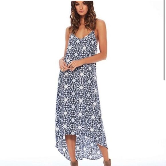 L*space maxi dress Mazarron hi low blue/white geometric beachy dress med boho - Picture 1 of 8